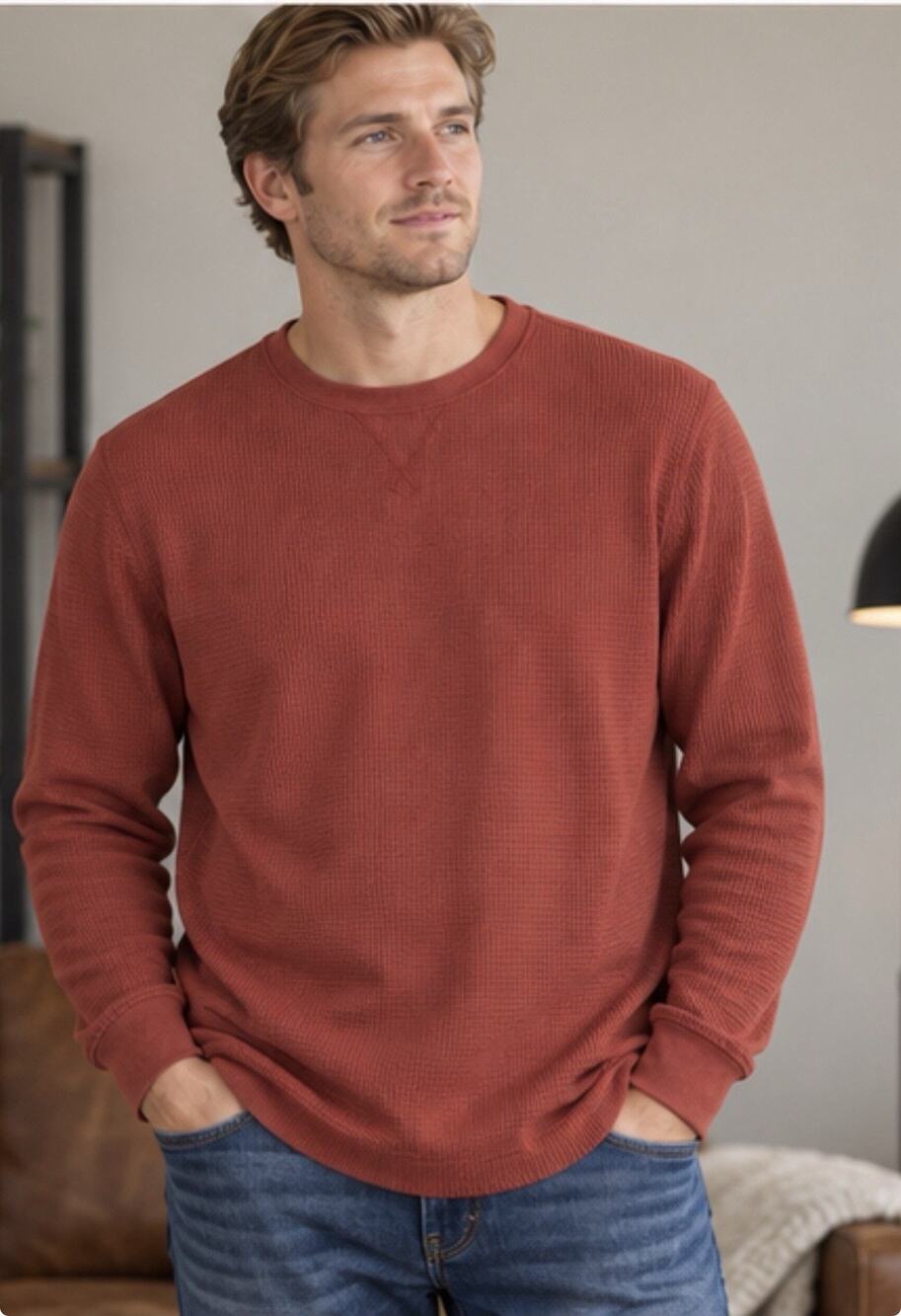 Eddie Bauer Thermal Shirt Men’s Large Tall Red Waffle Knit Long Sleeve